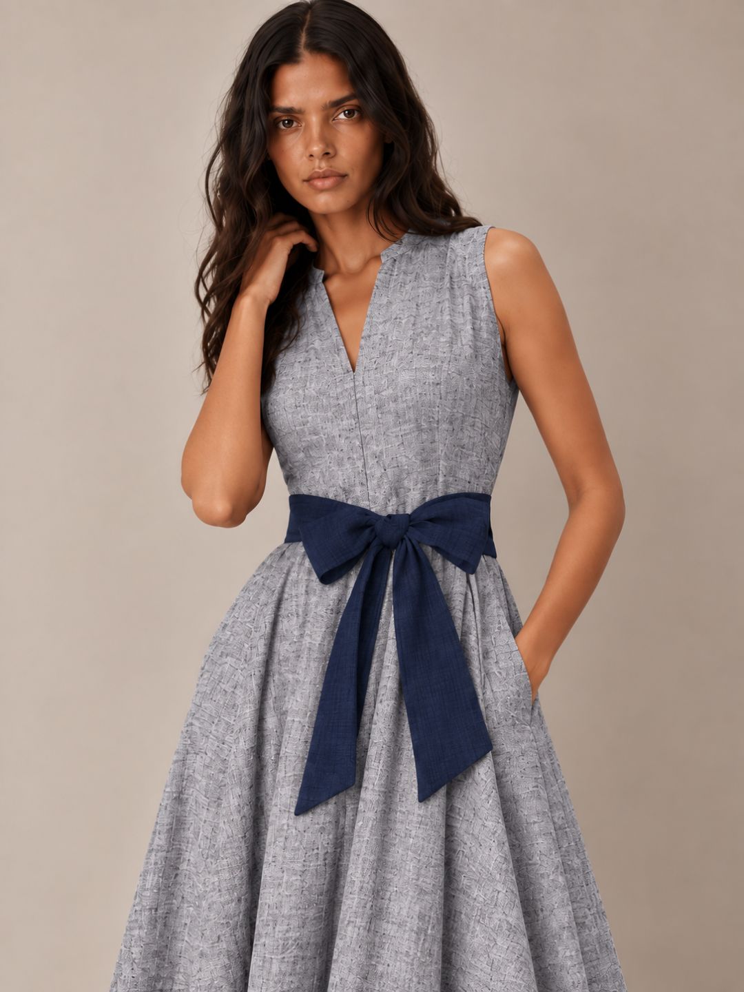 Textured Blue long Flowy Dress Sleeveless