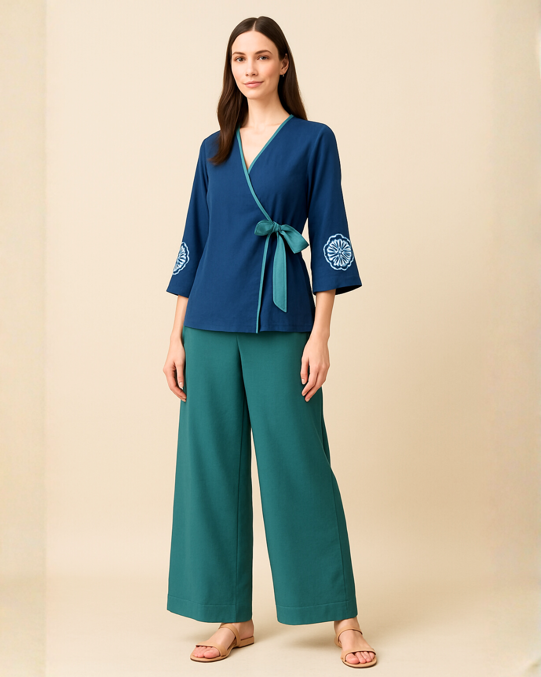 Women’s Dark Blue Silk Top & Green Cotton Pant Set