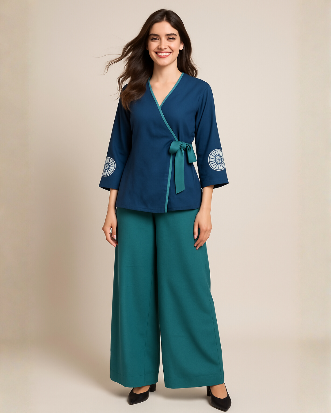 Women’s Dark Blue Silk Top & Green Cotton Pant Set
