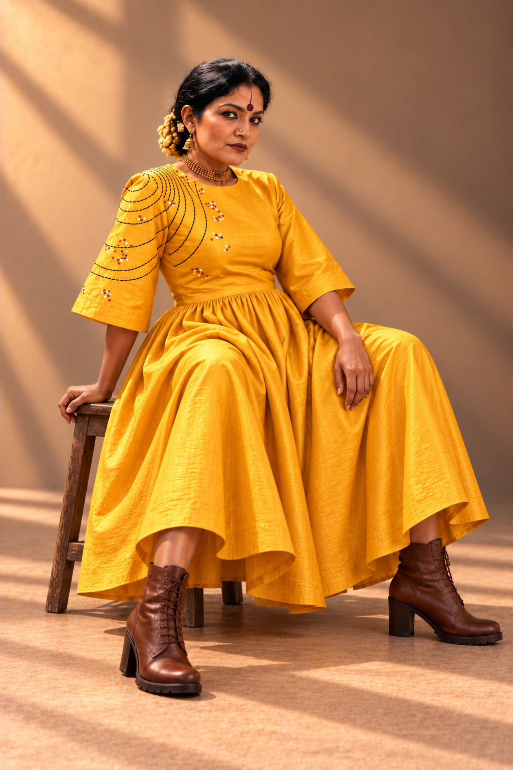 Yellow silk Dress with boxy sleeves