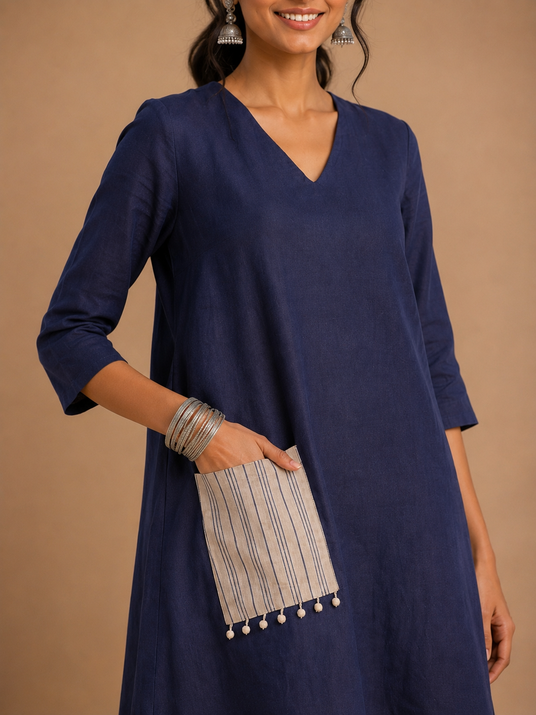 Navy Blue A-Line Dress with Checks pocket