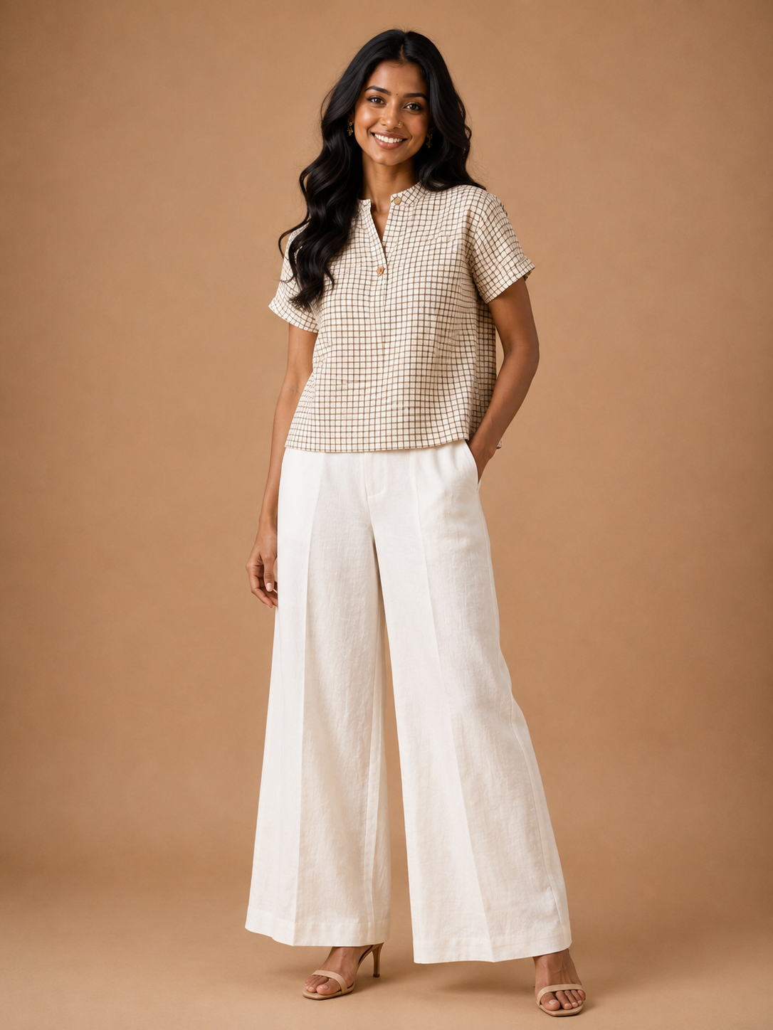 White Checks Chinese collar kimono top.
