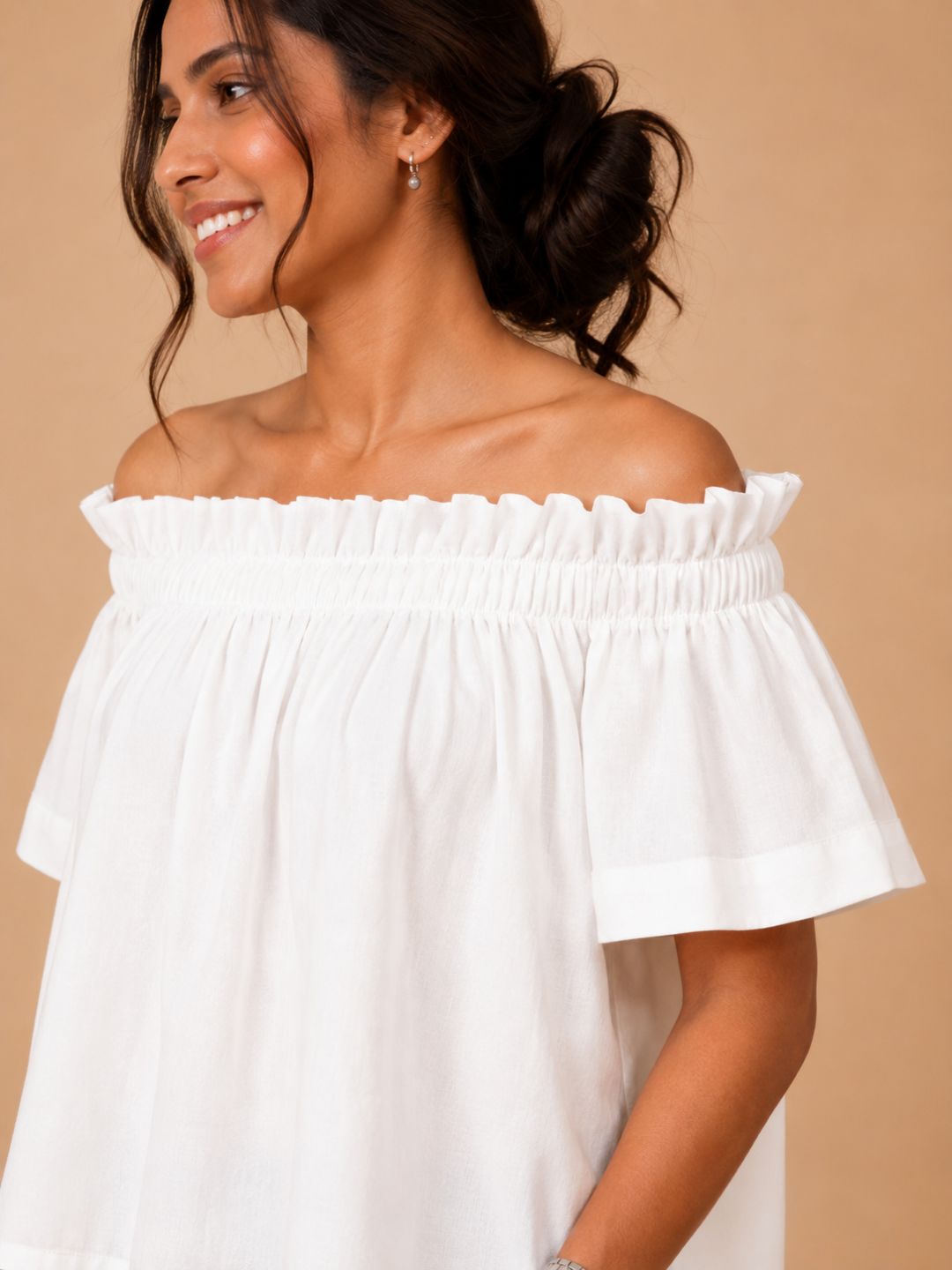 Women Cotton/linen blend Fabric Frill off shoulder top