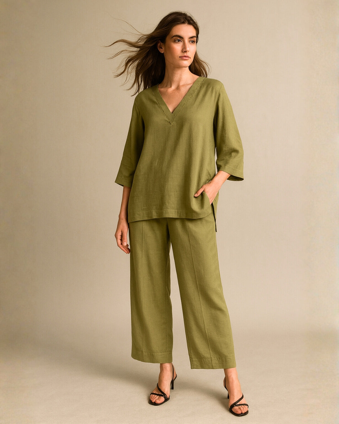 Olive Green Casual Silk Top & Pant Set