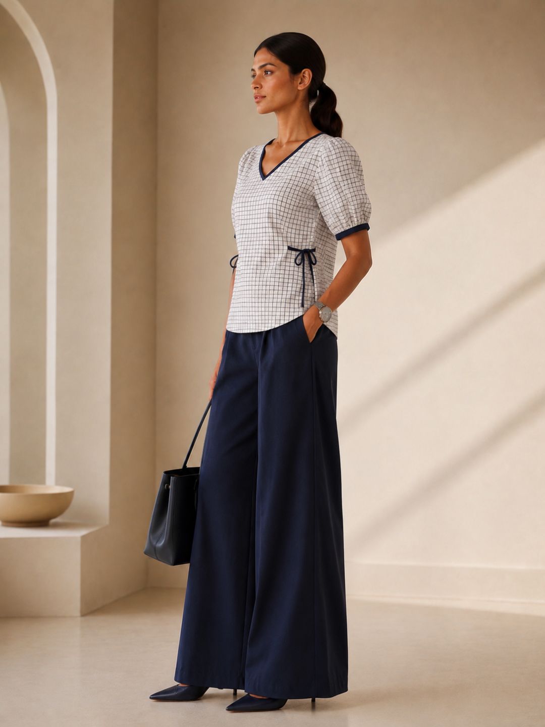 Women Cotton/linen blend Fabric Side tie up top puff sleeves