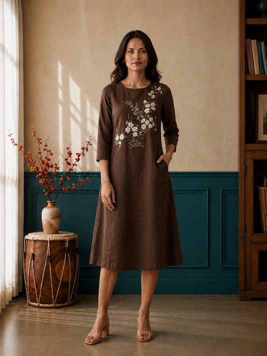 Brown A-Line Below-Knee Hand-Painted Dress