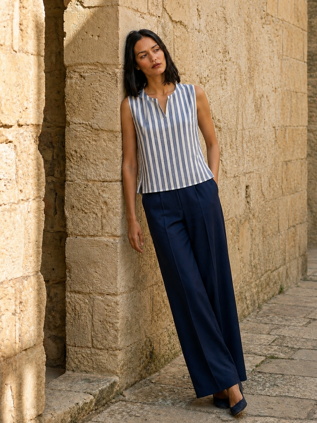 Navy Blue Stripes Key hole top