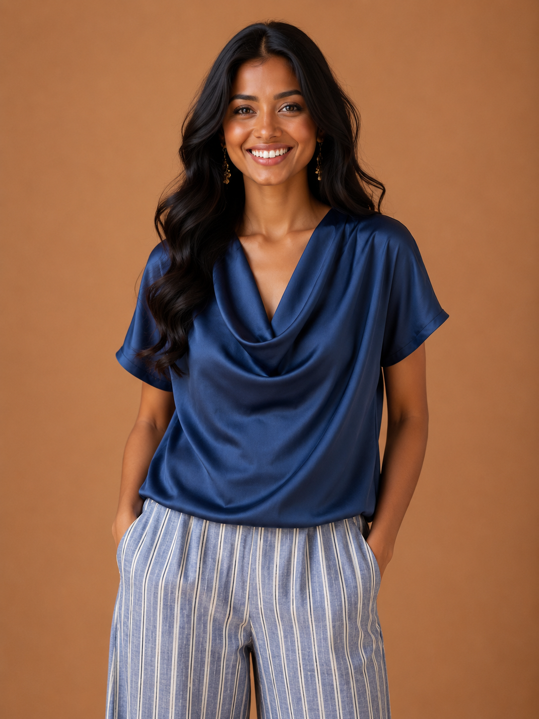 Navy Blue Satin Front cowl top