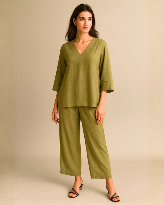 Olive Green Casual Cotton Top & Pant Set