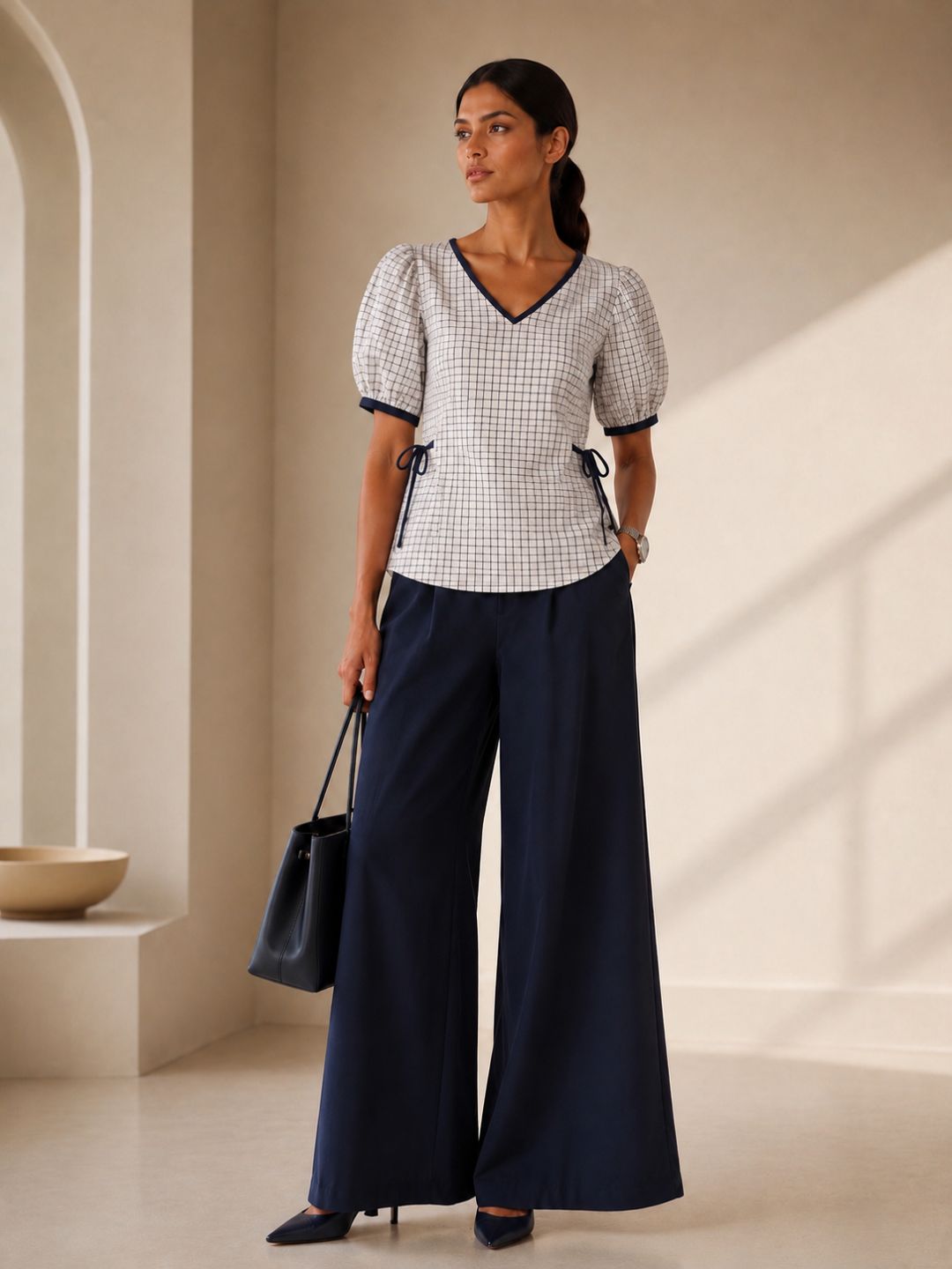 Women Cotton/linen blend Fabric Side tie up top puff sleeves