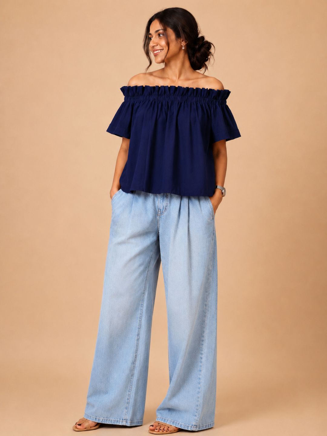Women Cotton/linen blend Fabric Frill off shoulder top