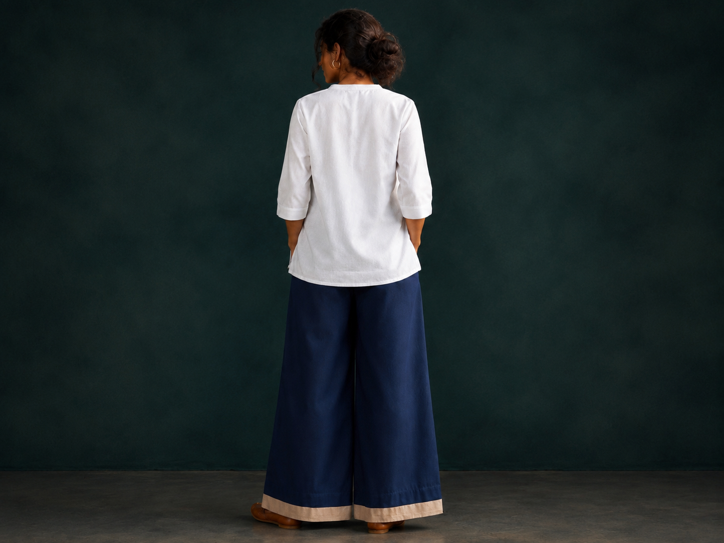 Women’s Navy Blue Hand-Painted Floral Wide Leg Palazzo Pants