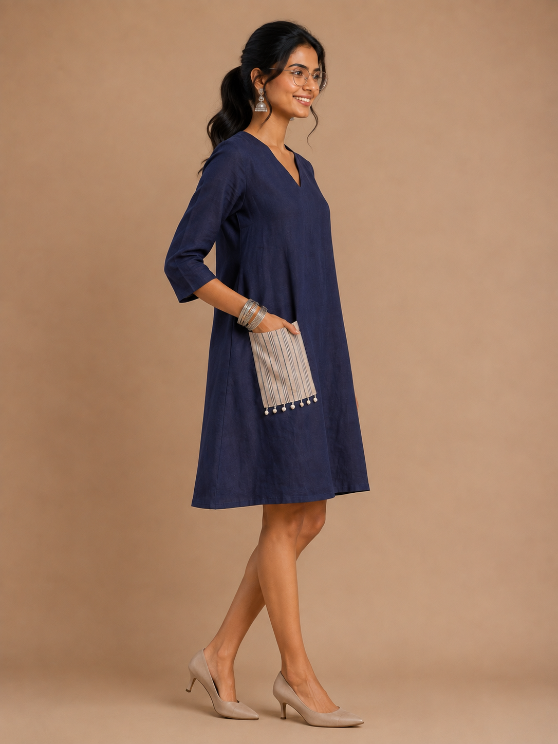 Navy Blue A-Line Dress with Checks pocket