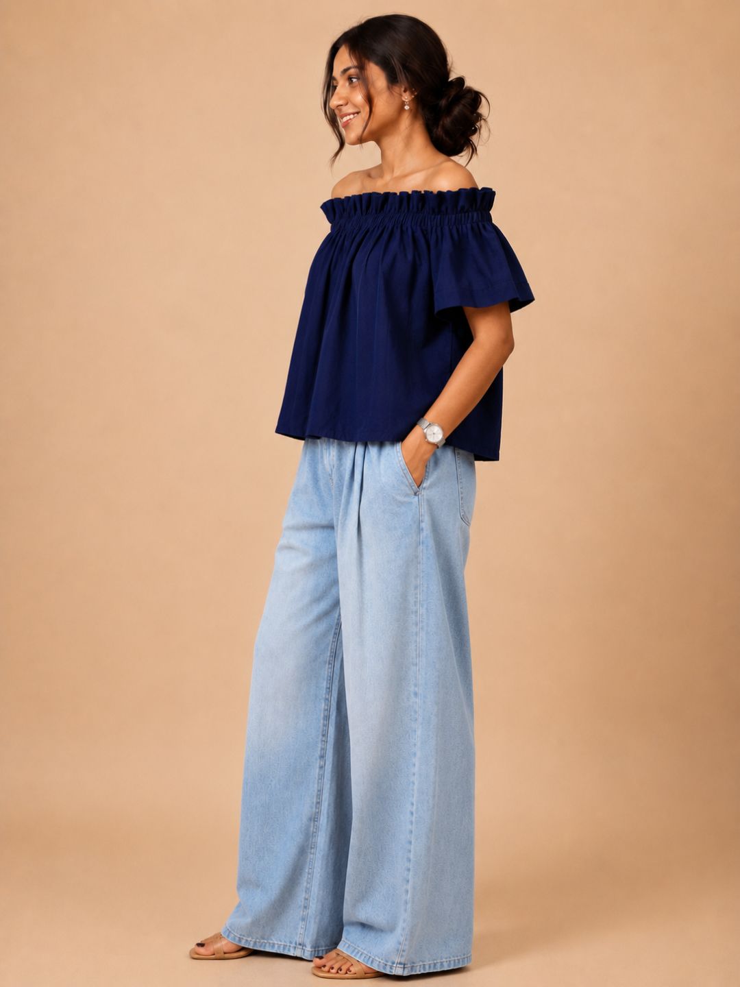 Women Cotton/linen blend Fabric Frill off shoulder top