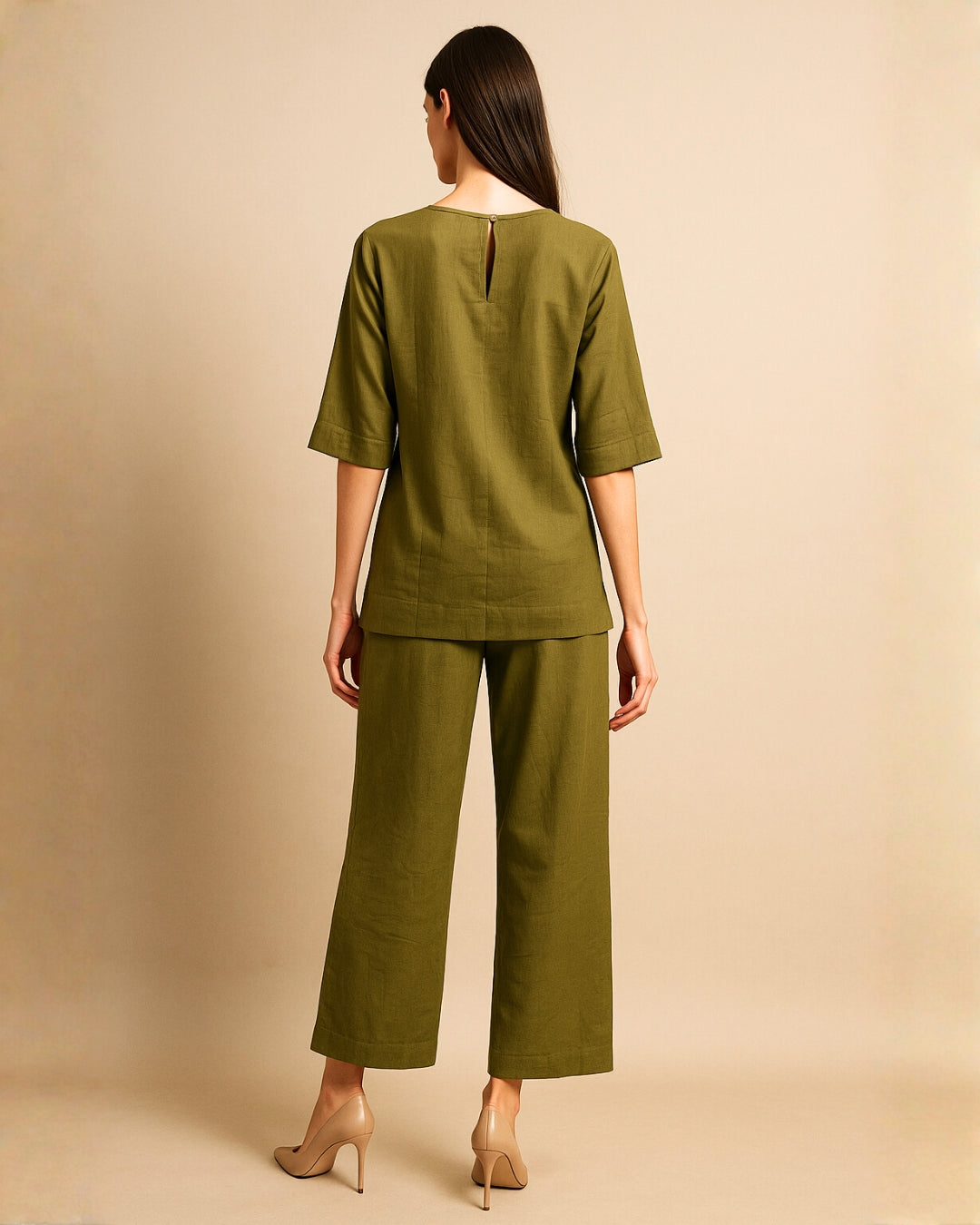 Olive Green Casual Cotton Top & Pant Set