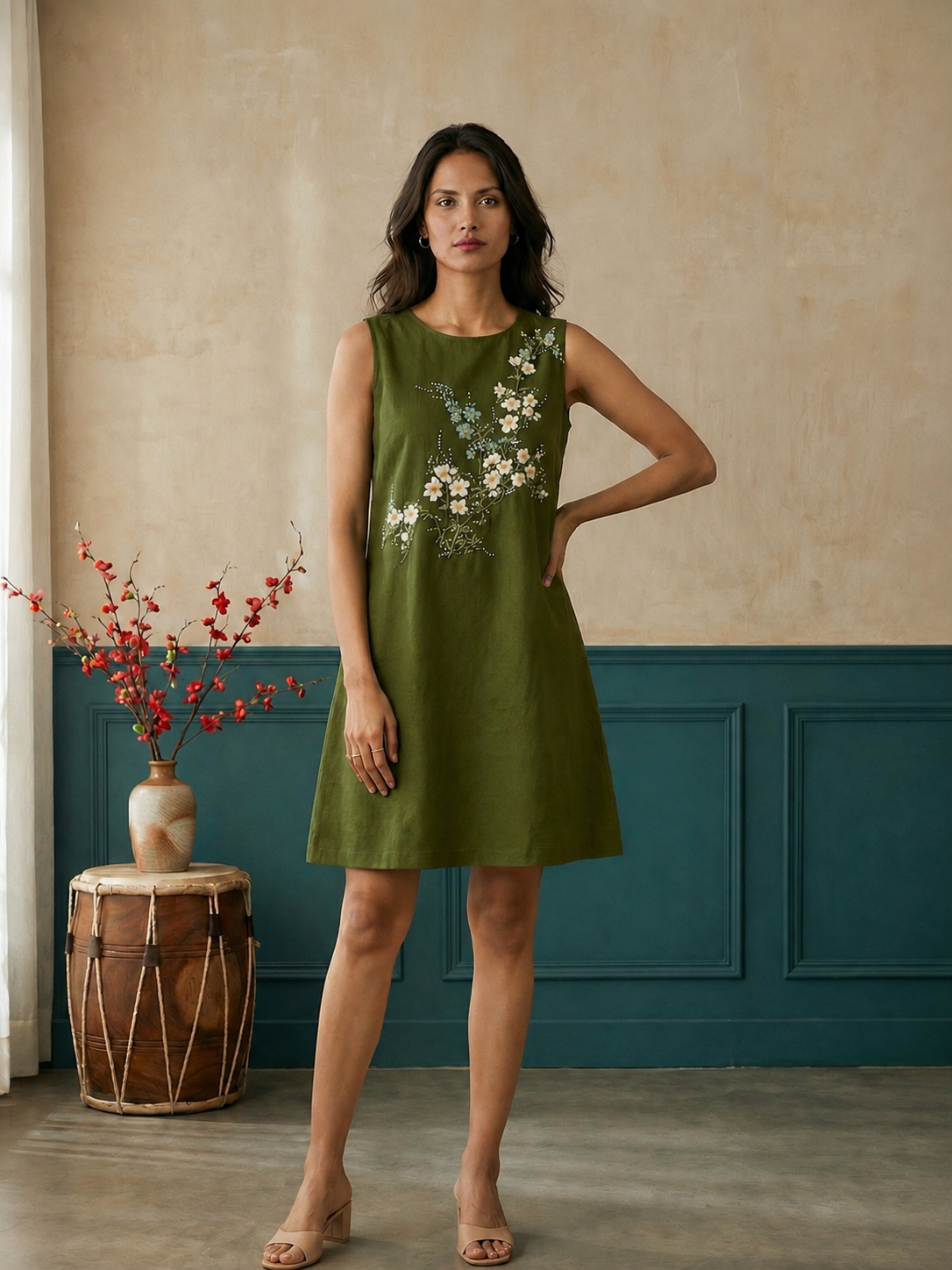 Olive Sleeveless A-Line Dress