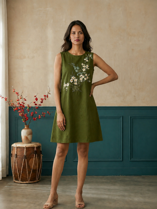 Olive Sleeveless A-Line Dress