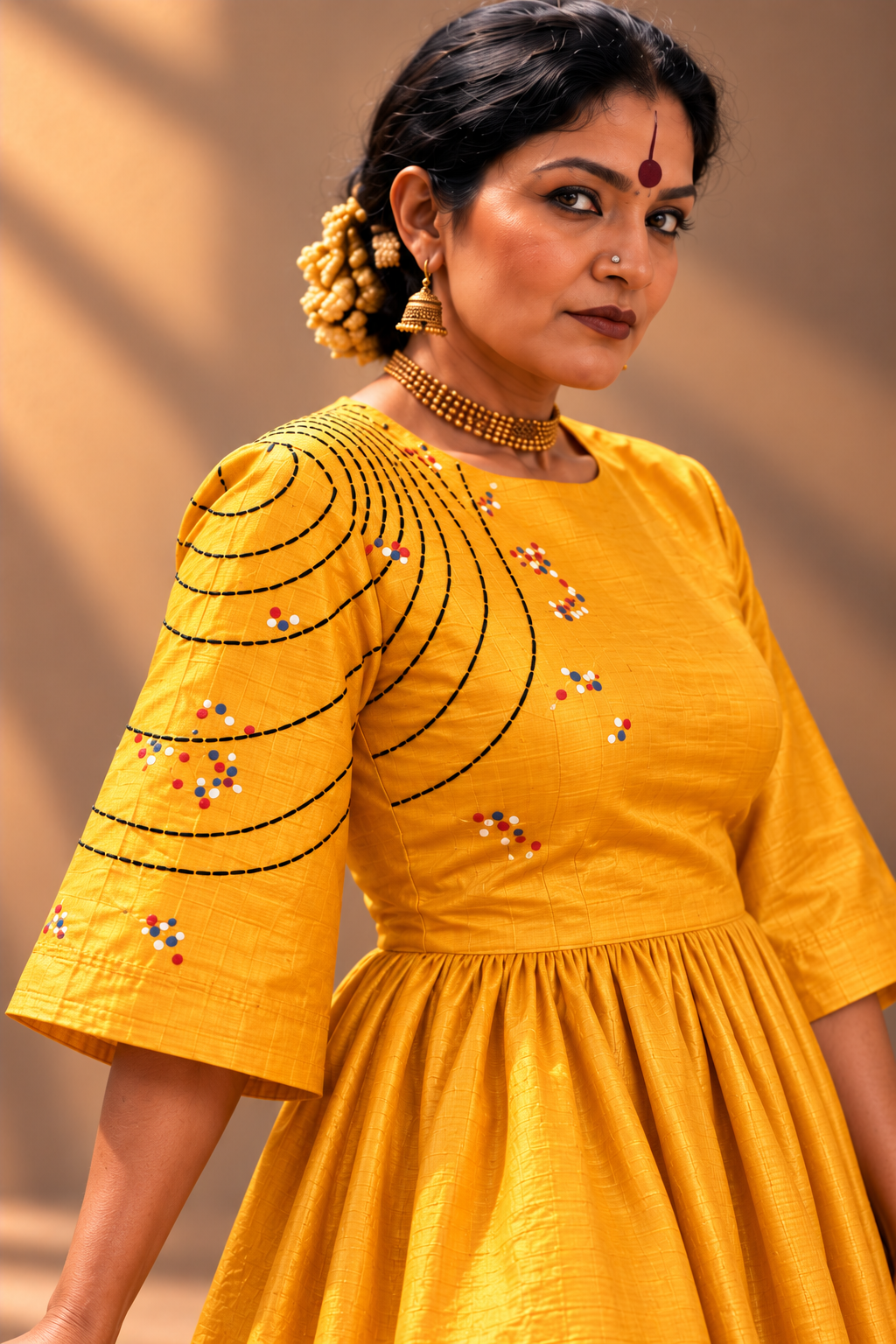Yellow silk Dress with boxy sleeves