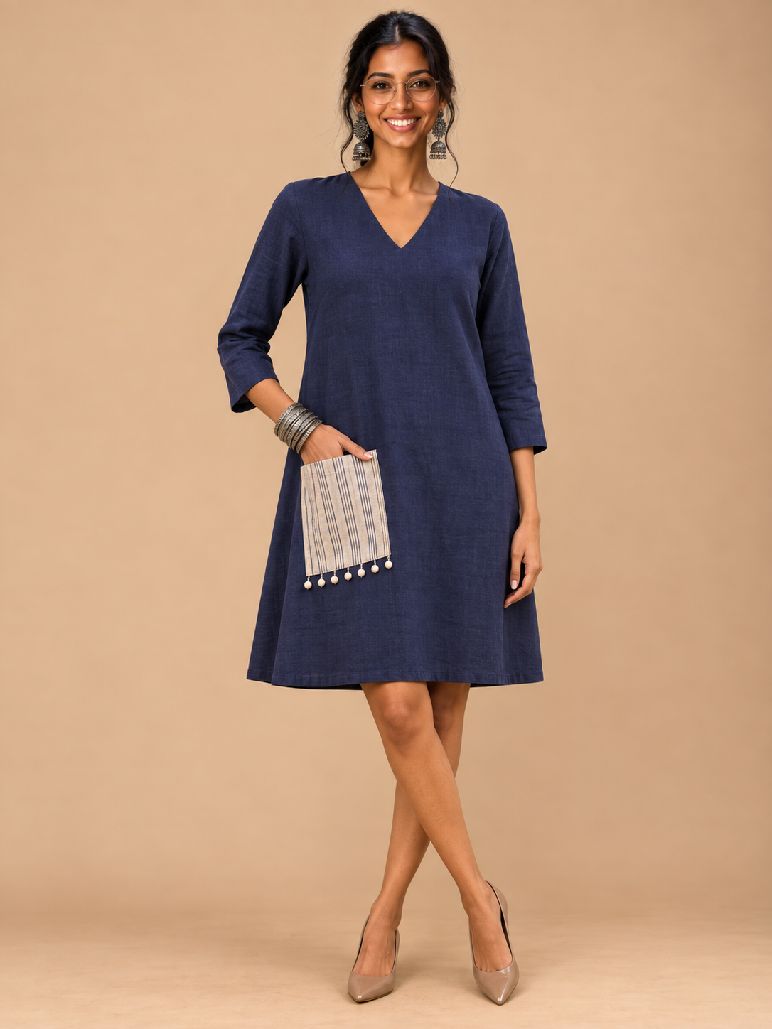 Navy Blue A-Line Dress with Checks pocket