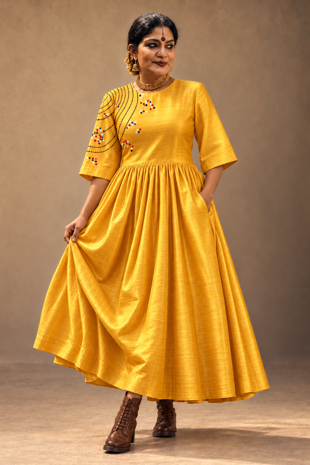 Yellow silk Dress with boxy sleeves