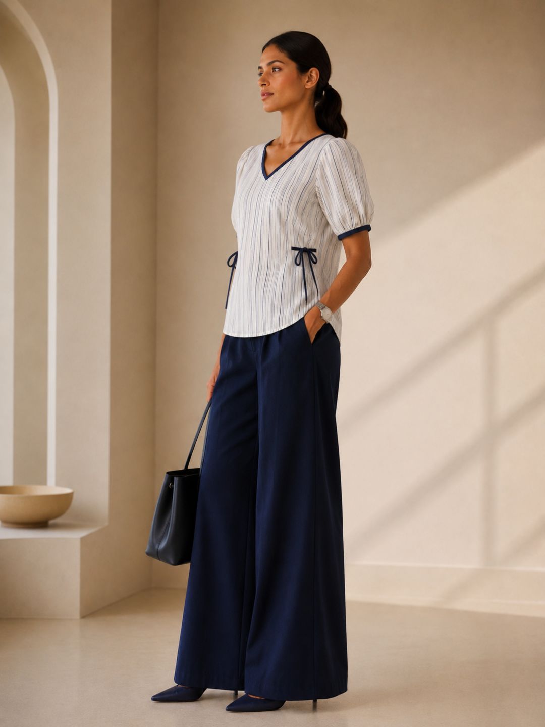Women Cotton/linen blend Fabric Side tie up top puff sleeves