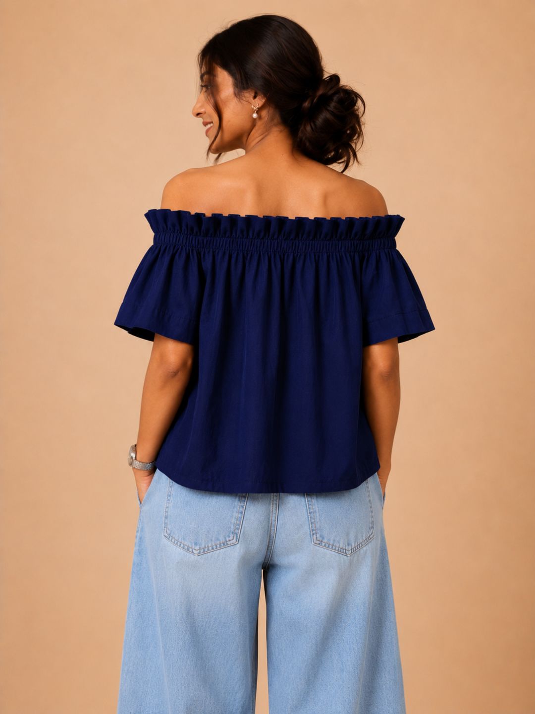 Women Cotton/linen blend Fabric Frill off shoulder top