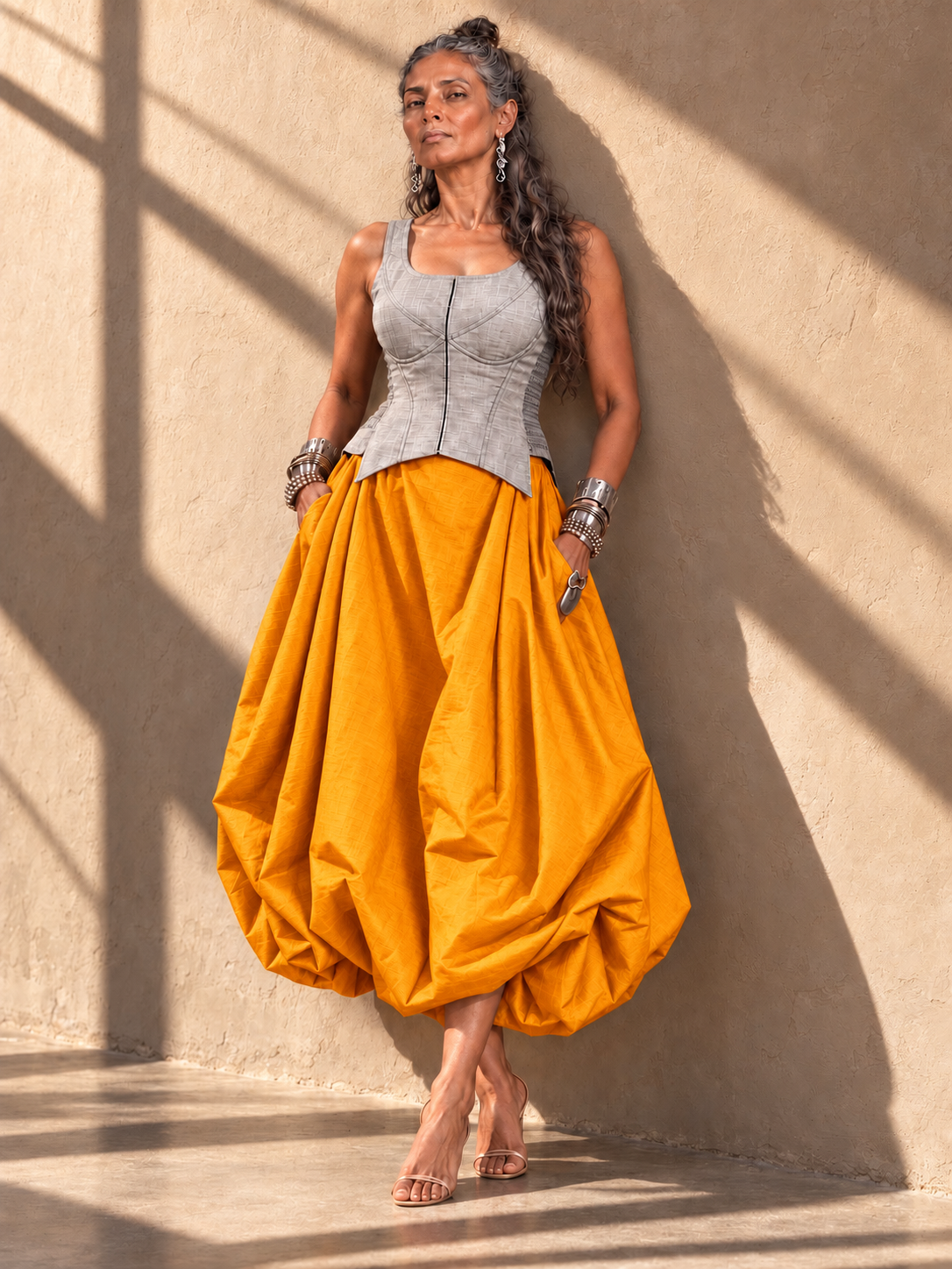 Yellow silk balloon skirt