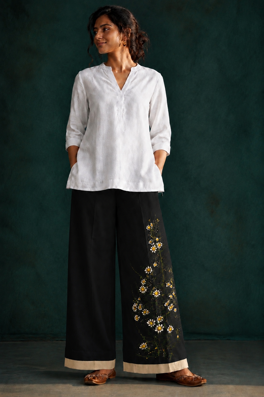 Women’s Black Hand-Painted Floral Wide Leg Palazzo Pants