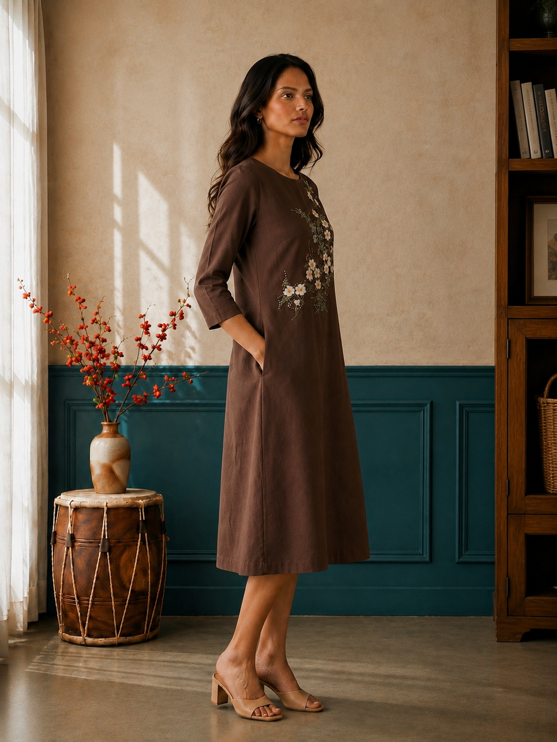 Brown A-Line Below-Knee Hand-Painted Dress