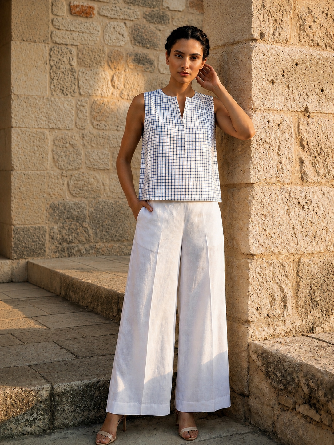 White Checks Stripes Key hole top