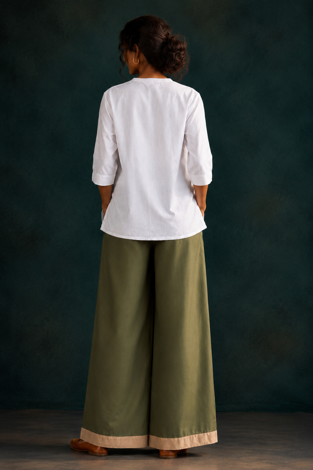 Women’s Olive Green Hand-Painted Floral Wide Leg Palazzo Pants