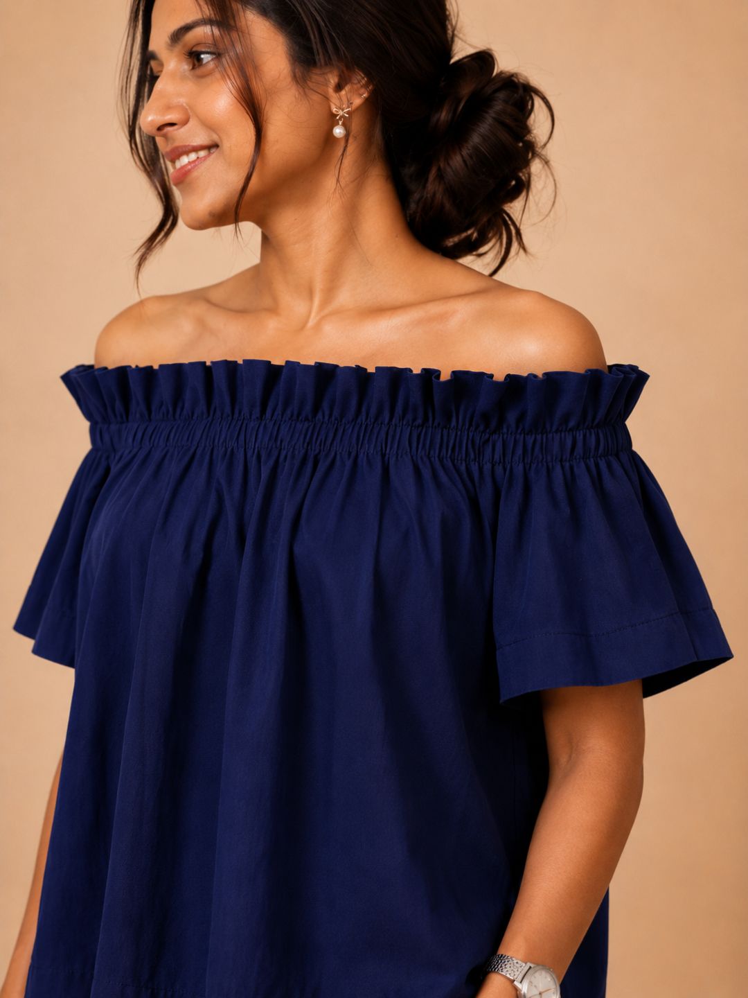 Women Cotton/linen blend Fabric Frill off shoulder top