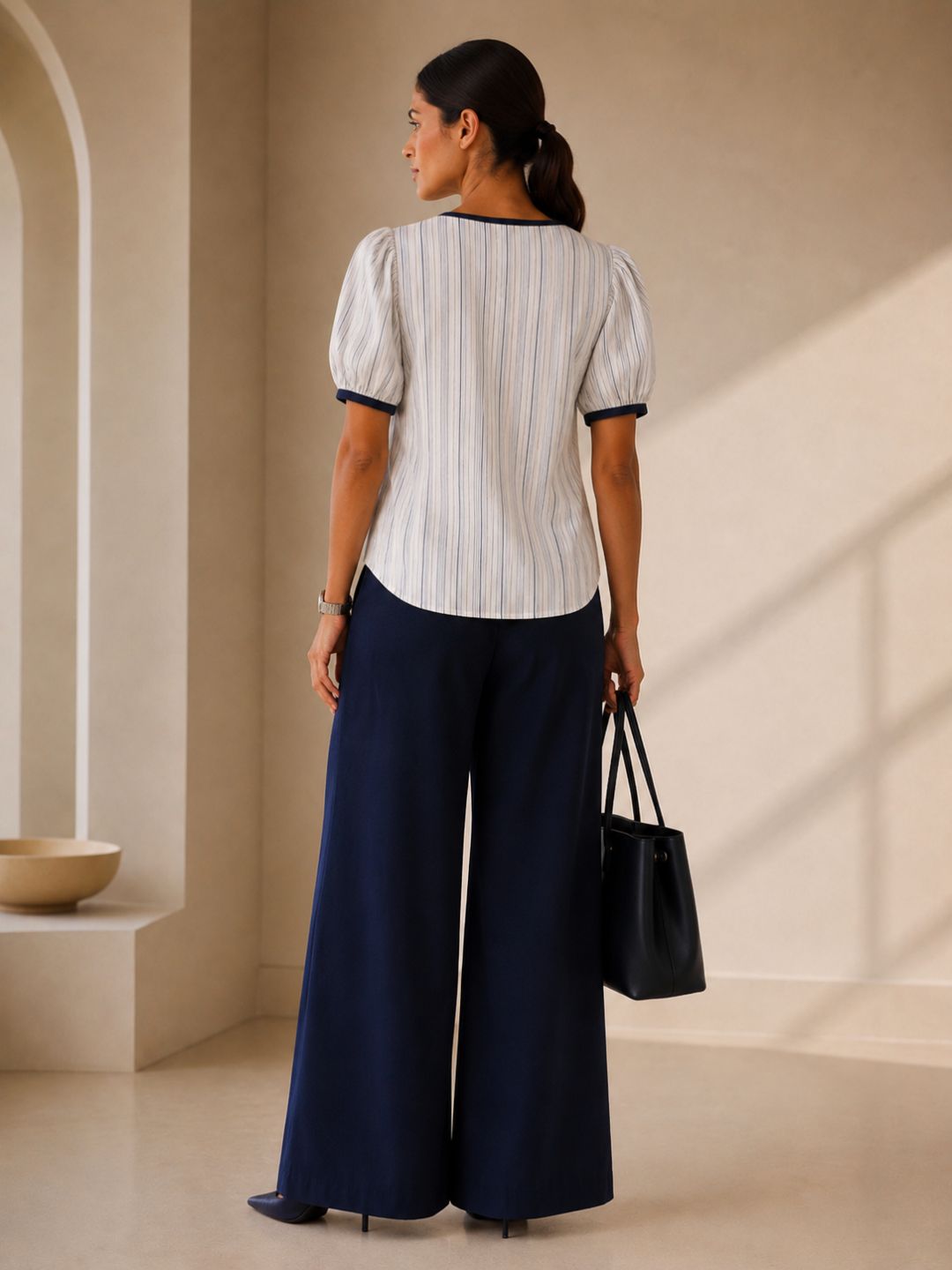 Women Cotton/linen blend Fabric Side tie up top puff sleeves