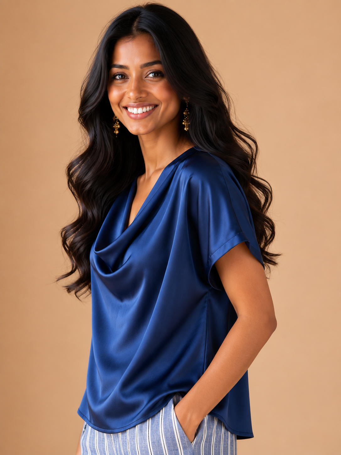 Navy Blue Satin Front cowl top