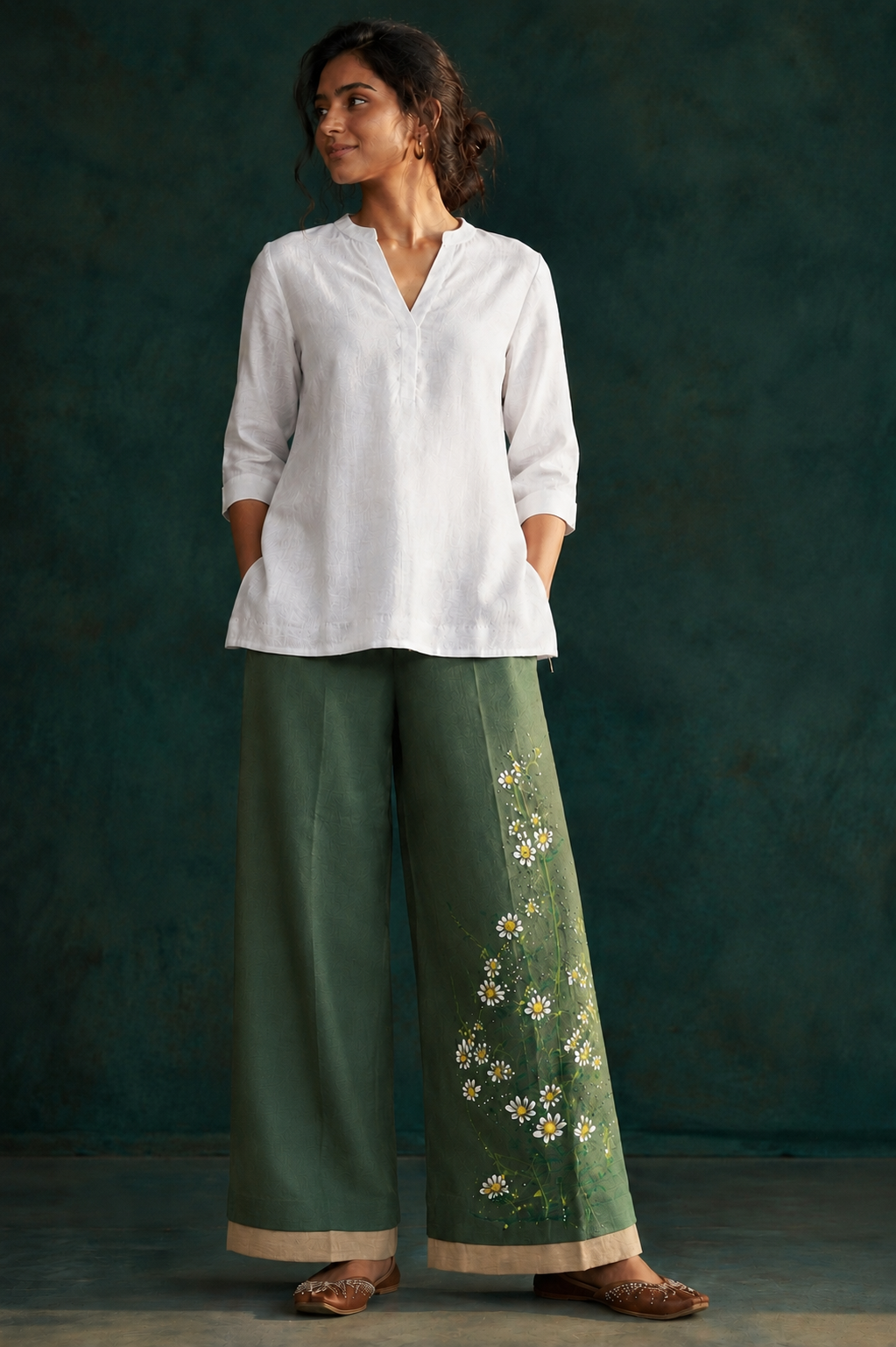 Women’s Green Hand-Painted Floral Wide Leg Palazzo Pants