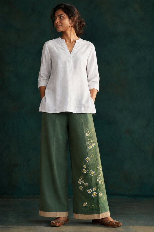 Women’s Green Hand-Painted Floral Wide Leg Palazzo Pants