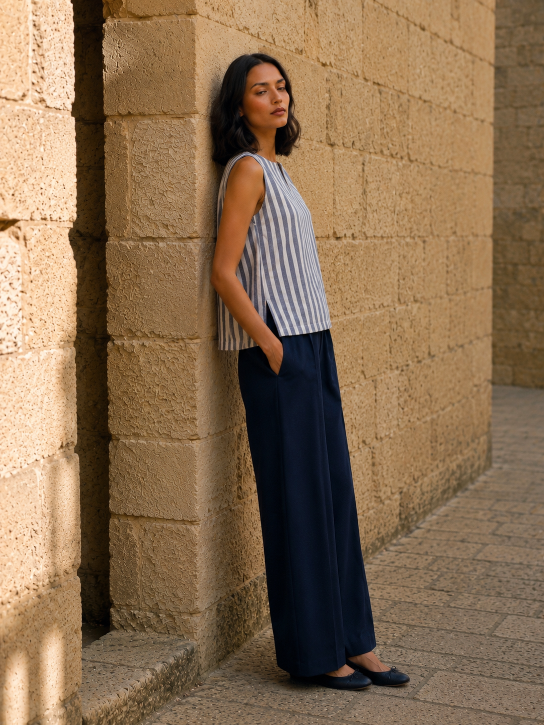 Navy Blue Stripes Key hole top