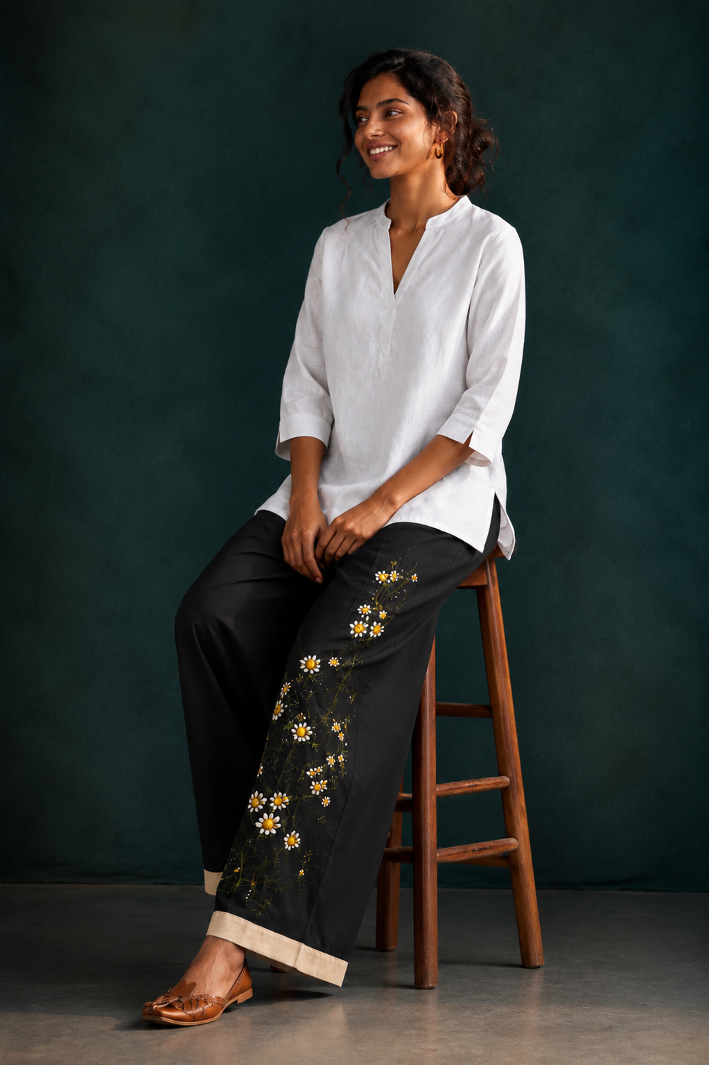 Women’s Black Hand-Painted Floral Wide Leg Palazzo Pants
