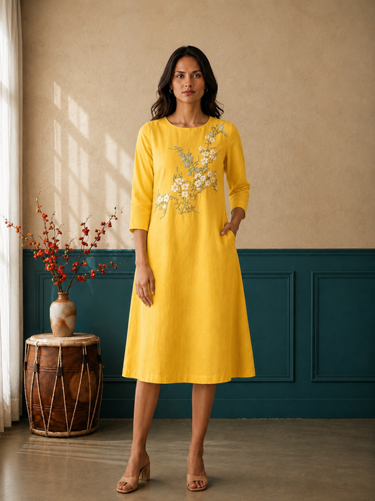 Yellow A-Line Below-Knee Hand-Painted Dress