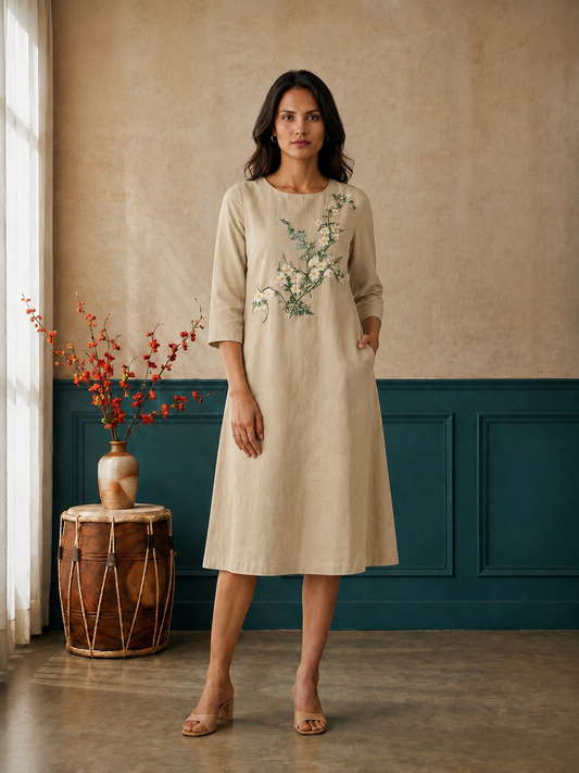 Beige Hand Painted A-Line Dress