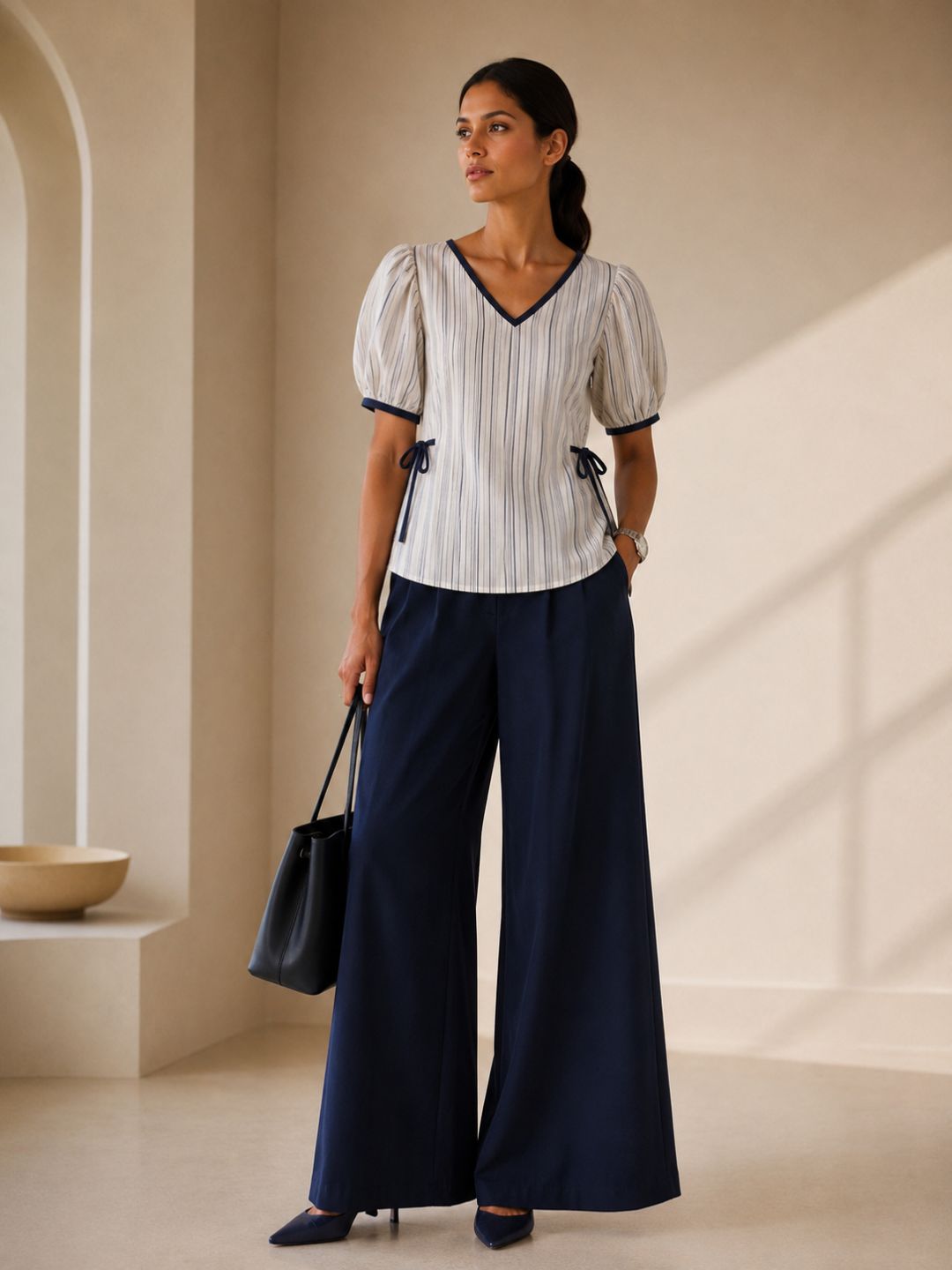 Women Cotton/linen blend Fabric Side tie up top puff sleeves