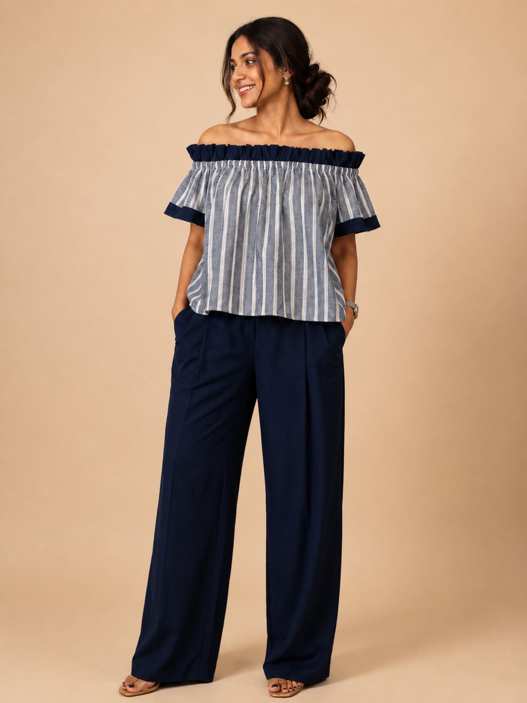 Women Cotton/linen blend Fabric Frill off shoulder top