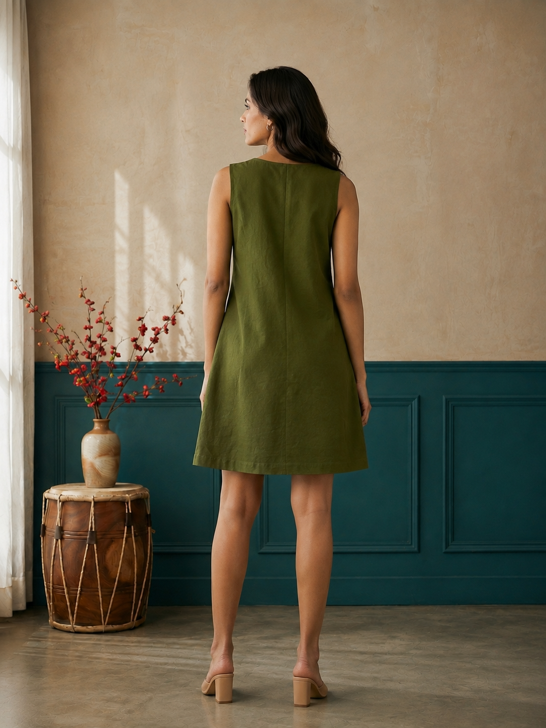 Olive Sleeveless A-Line Dress