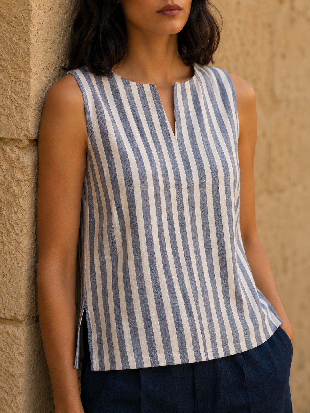 Navy Blue Stripes Key hole top