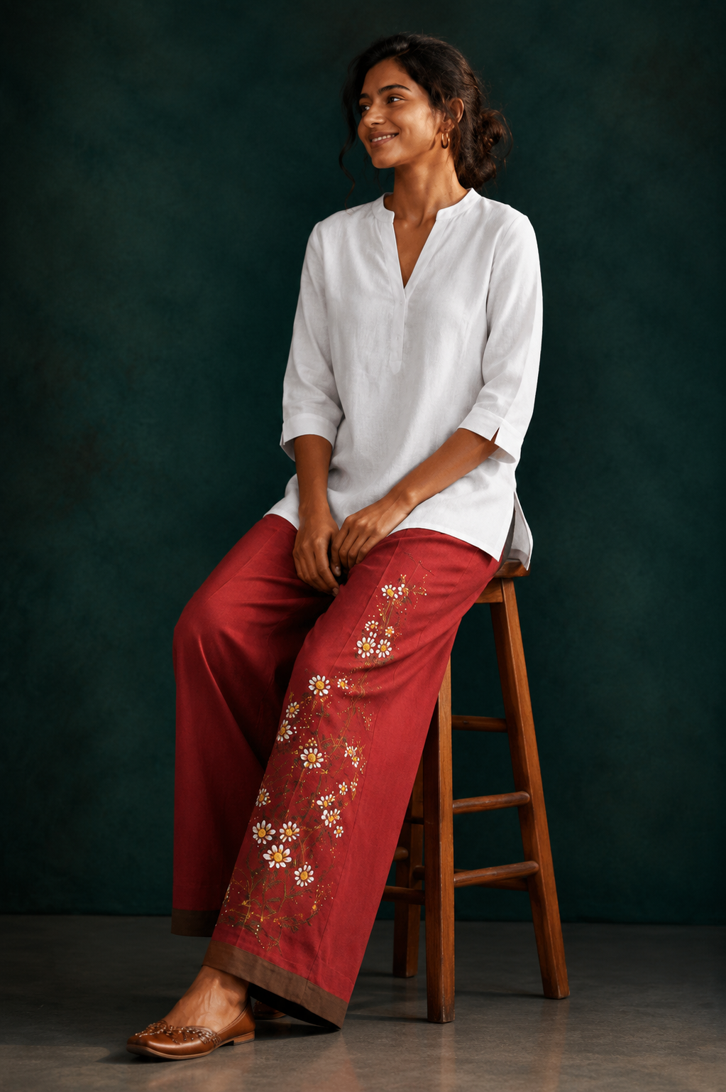 Women’s Red Hand-Painted Floral Wide Leg Palazzo Pants