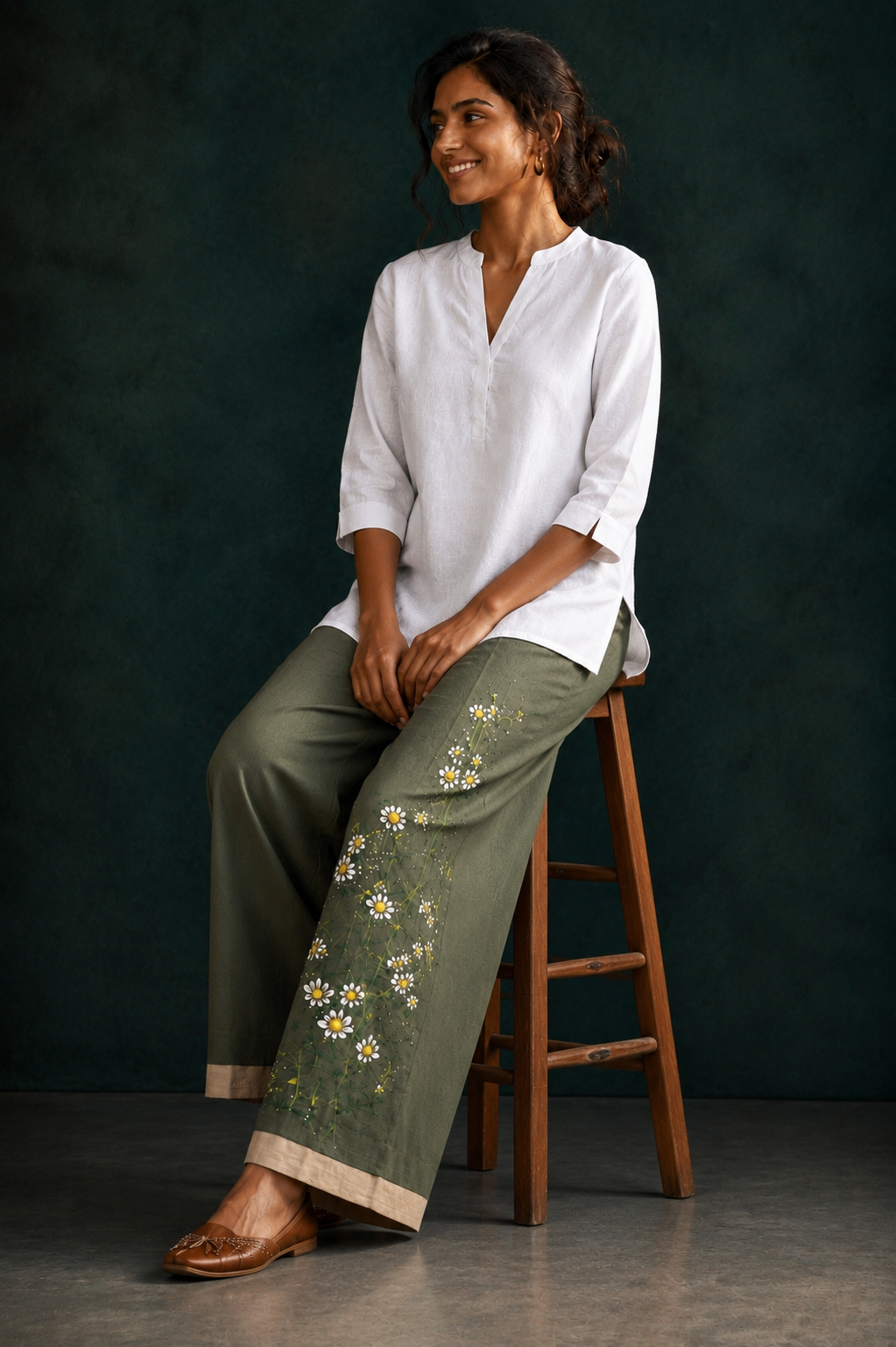 Women’s Green Hand-Painted Floral Wide Leg Palazzo Pants