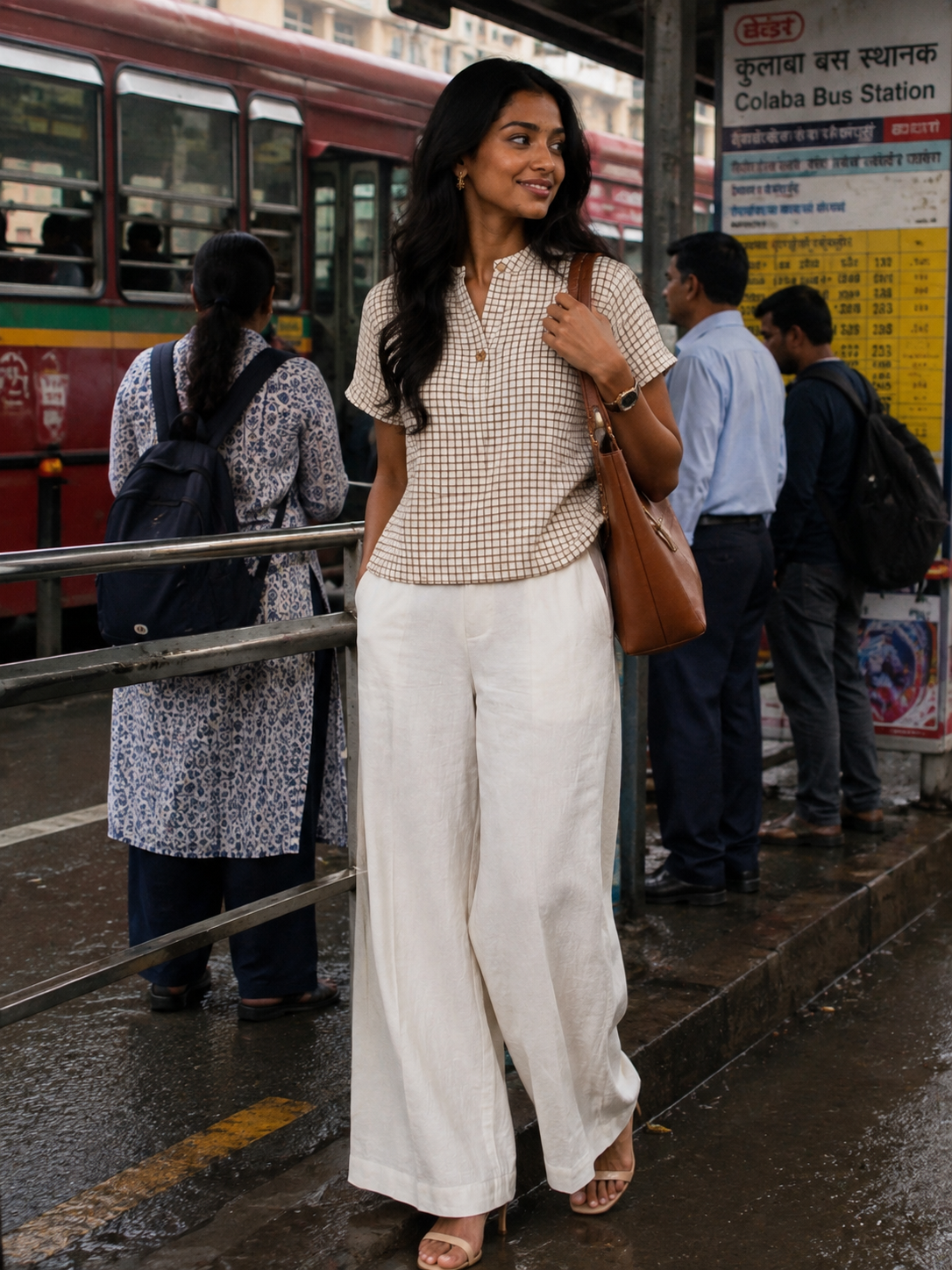 White Checks Chinese collar kimono top.