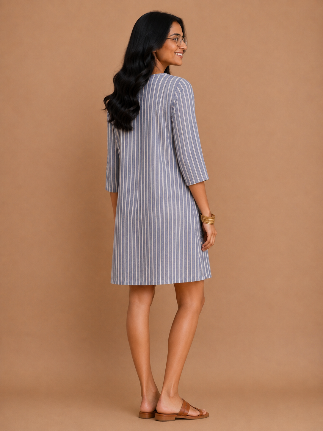 Navy Blue Stripes A-Line Dress with denim pocket.