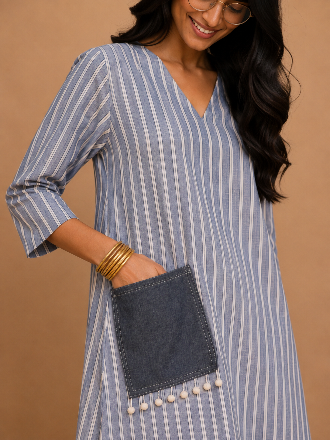 Navy Blue Stripes A-Line Dress with denim pocket.