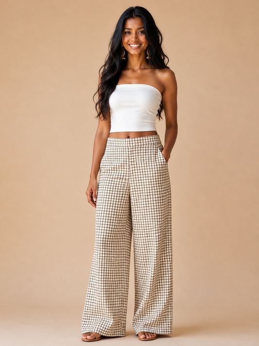 White Checks Straight pants
